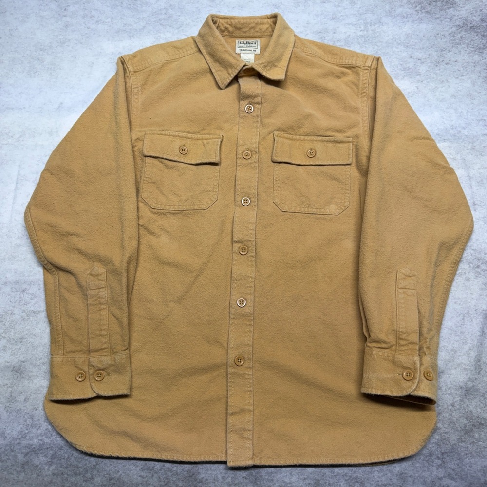 LL Bean Chamois Cloth Shirt Men's Medium Tan Heavyweight Traditional Flannel